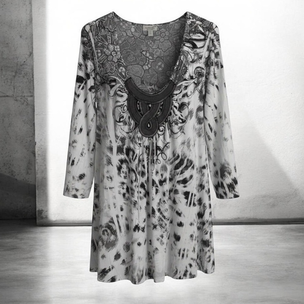 One World Womens  Boho Tunic Sz Plus 2X Top Black White Bead Embellishment 3/4